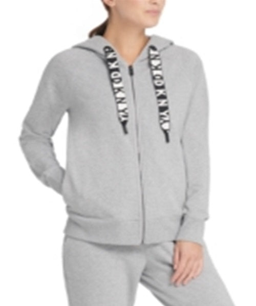Moletom com capuz feminino DKNY Sport Logo Terry com zíper, prateado, tamanho M