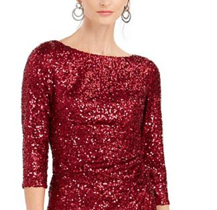 Vestido de festa feminino Jessica Howard com lantejoulas, manga comprida, decote em joia, comprimento até o joelho, vermelho, tamanho 14, pequeno