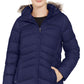 Casaco feminino Marmot Montreal com capuz e acabamento em pele sintética, azul, tamanho extragrande