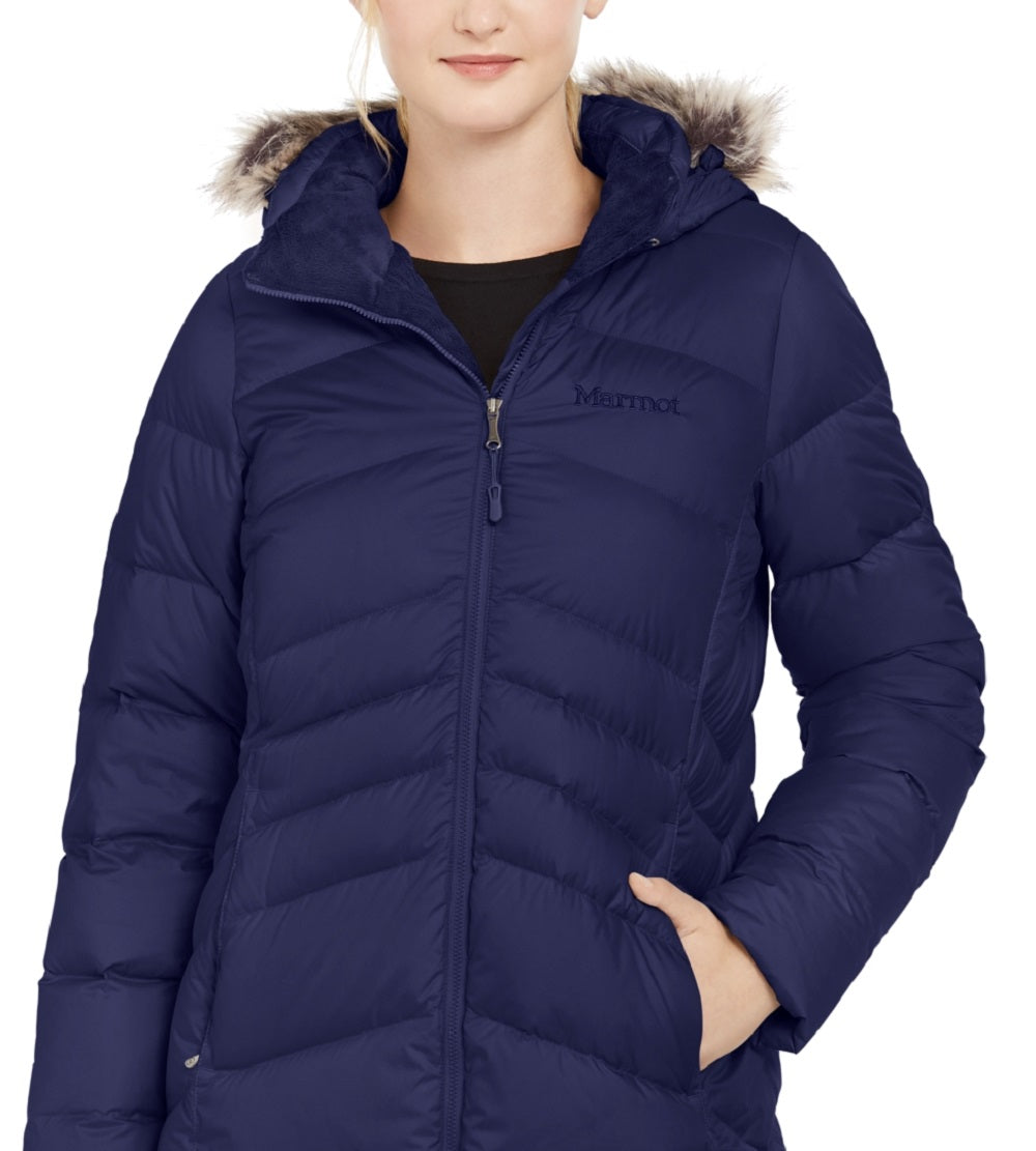 Casaco feminino Marmot Montreal com capuz e acabamento em pele sintética, azul, tamanho extragrande
