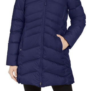 Casaco feminino Marmot Montreal com capuz e acabamento em pele sintética, azul, tamanho extragrande