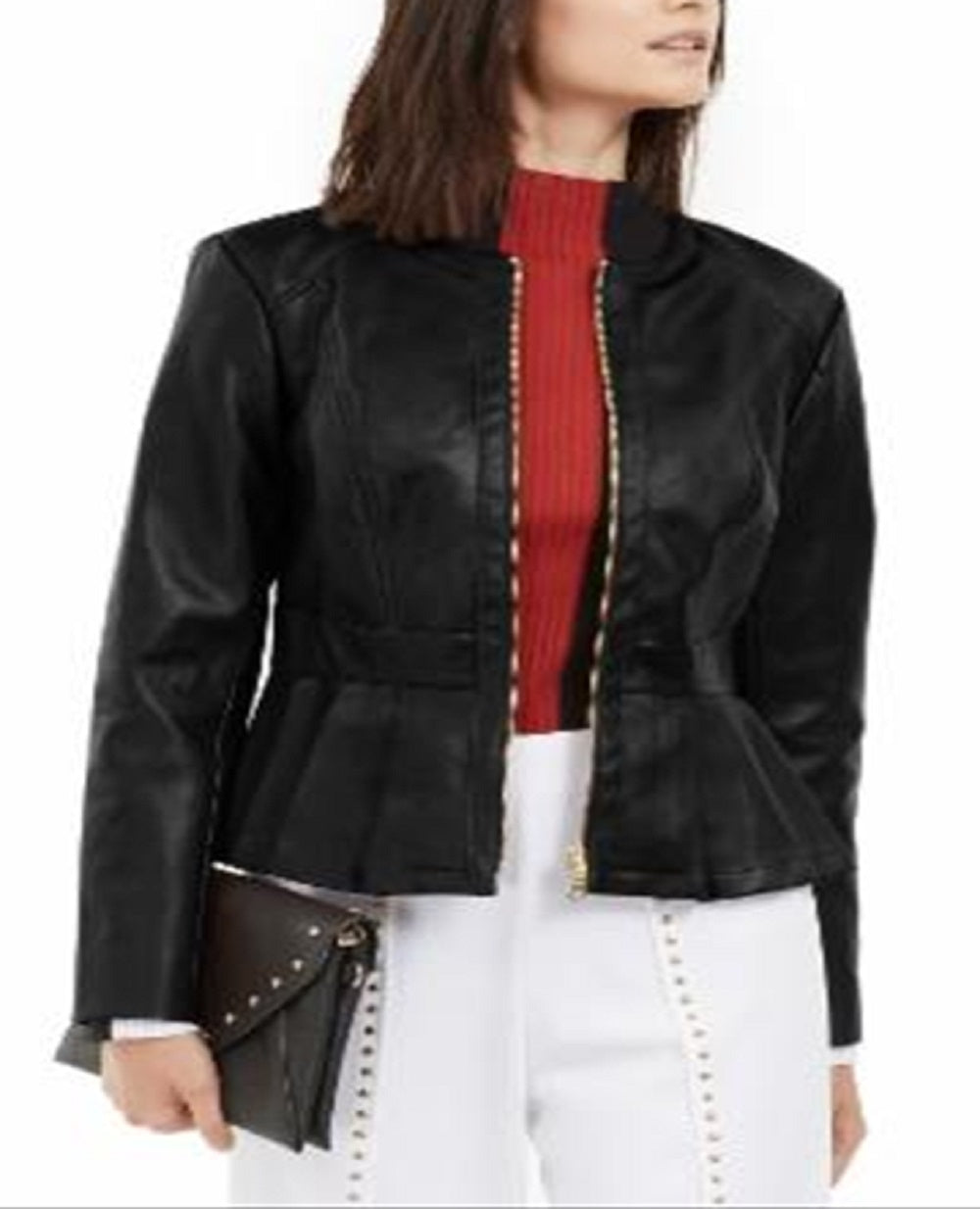 Jaqueta peplum feminina de couro sintético da INC International Concepts, preta, tamanho médio