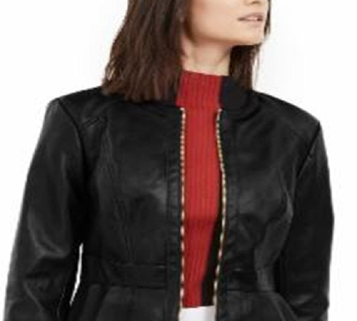 Jaqueta peplum feminina de couro sintético da INC International Concepts, preta, tamanho médio