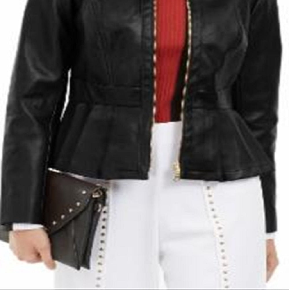 Jaqueta peplum feminina de couro sintético da INC International Concepts, preta, tamanho médio