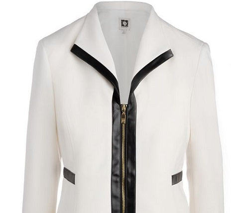Jaqueta feminina Anne Klein com acabamento em couro sintético, branca, tamanho médio