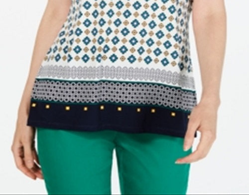 Blusa feminina estampada com decote em V, tamanho médio, branca, Charter Club