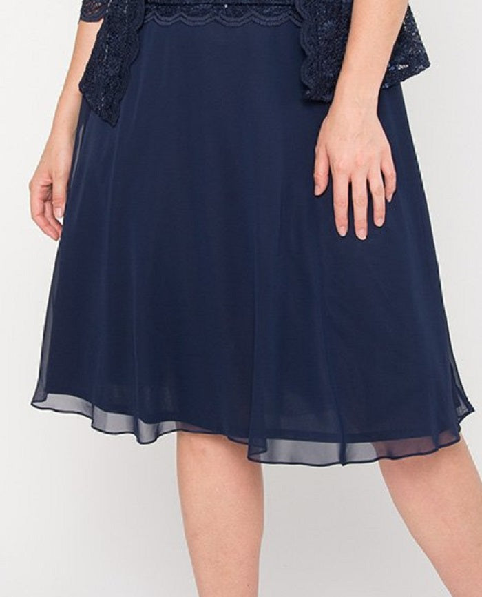 Vestido feminino R&amp;M Richards com saia transparente e jaqueta de renda, azul, tamanho 10