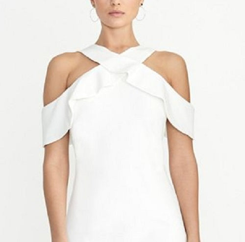 Vestido de festa feminino Rachel Roy com babados, ombro de fora, manga curta, frente única, comprimento até o joelho, tamanho XX-G