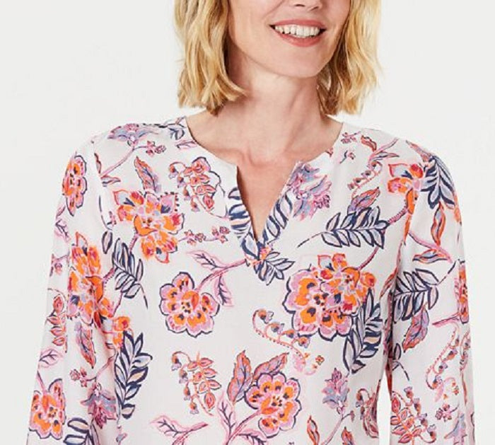 Túnica feminina Charter Club Petite com estampa floral dupla, branca, tamanho Petite M