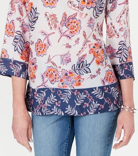 Túnica feminina Charter Club Petite com estampa floral dupla, branca, tamanho Petite M