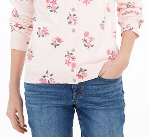 Karen Scott Cardigan feminino estampado com botões frontais rosa tamanho pequeno P