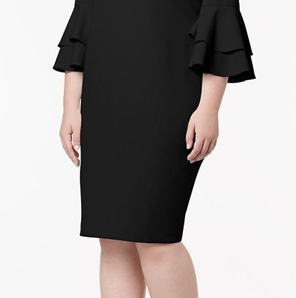 Vestido de festa Calvin Klein feminino, mangas bufantes, gola alta, comprimento até o joelho, tamanho 14W, preto