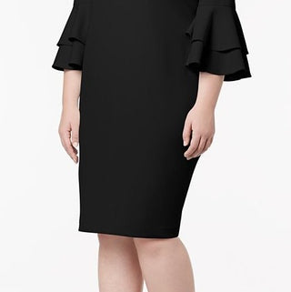 Vestido de festa Calvin Klein feminino, mangas bufantes, gola alta, comprimento até o joelho, tamanho 14W, preto