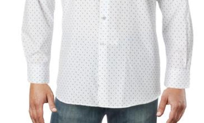 Camisa masculina Alfani com botões, estampada e resistente a rugas, branca, tamanho P