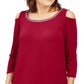 JM Collection Top feminino com ombros descobertos e detalhes em vermelho, tamanho X-S