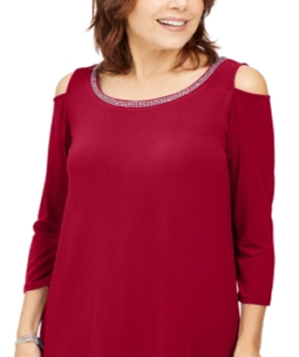 JM Collection Top feminino com ombros descobertos e detalhes em vermelho, tamanho X-S