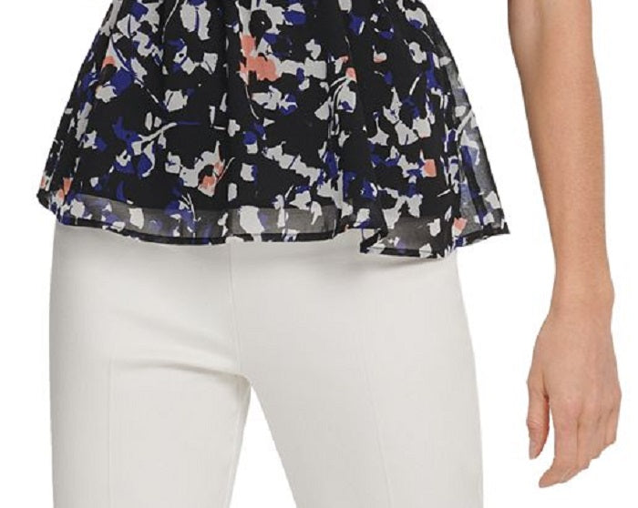 Blusa feminina estampada DKNY com manga curta e gola alta, preta, tamanho grande