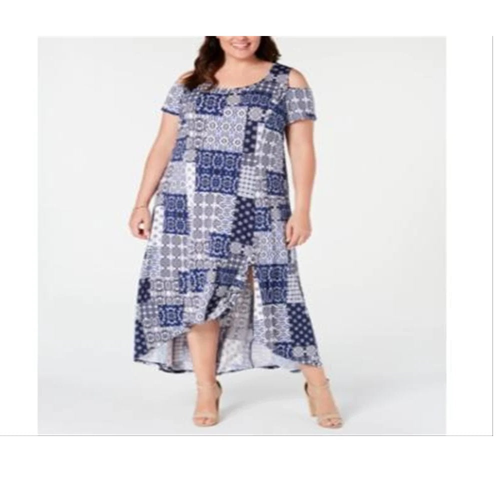 Vestido longo feminino estampado plus size NY Collection com ombros descobertos, azul marinho, tamanho 2X