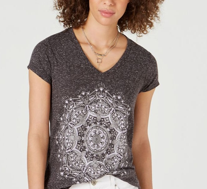 Blusa feminina estilo pinwheel com estampa preta, tamanho pequeno GG