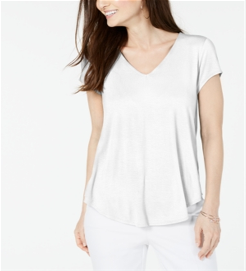 Camiseta feminina Alfani Petite com decote em V, branca, tamanho pequeno grande