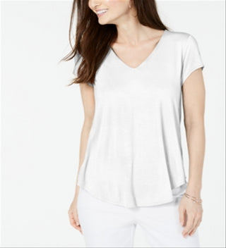 Camiseta feminina Alfani Petite com decote em V, branca, tamanho pequeno grande
