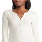 Camiseta feminina Ralph Lauren com decote em V e manga curta Henley, branca, tamanho P/P