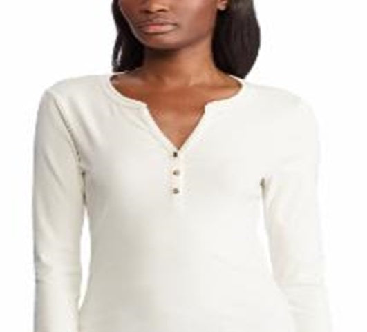 Camiseta feminina Ralph Lauren com decote em V e manga curta Henley, branca, tamanho P/P