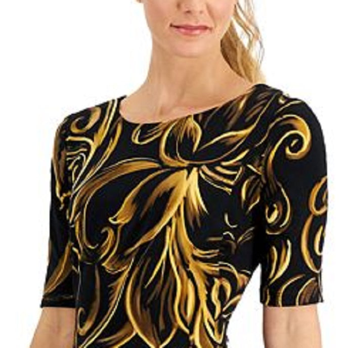 Vestido feminino estampado, justo e evasê, preto, tamanho 4, pequeno