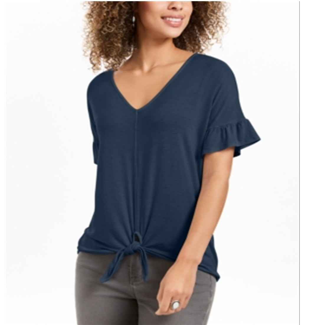 Blusa feminina estilo &amp; co, manga bufante, amarração frontal, azul, tamanho pequeno