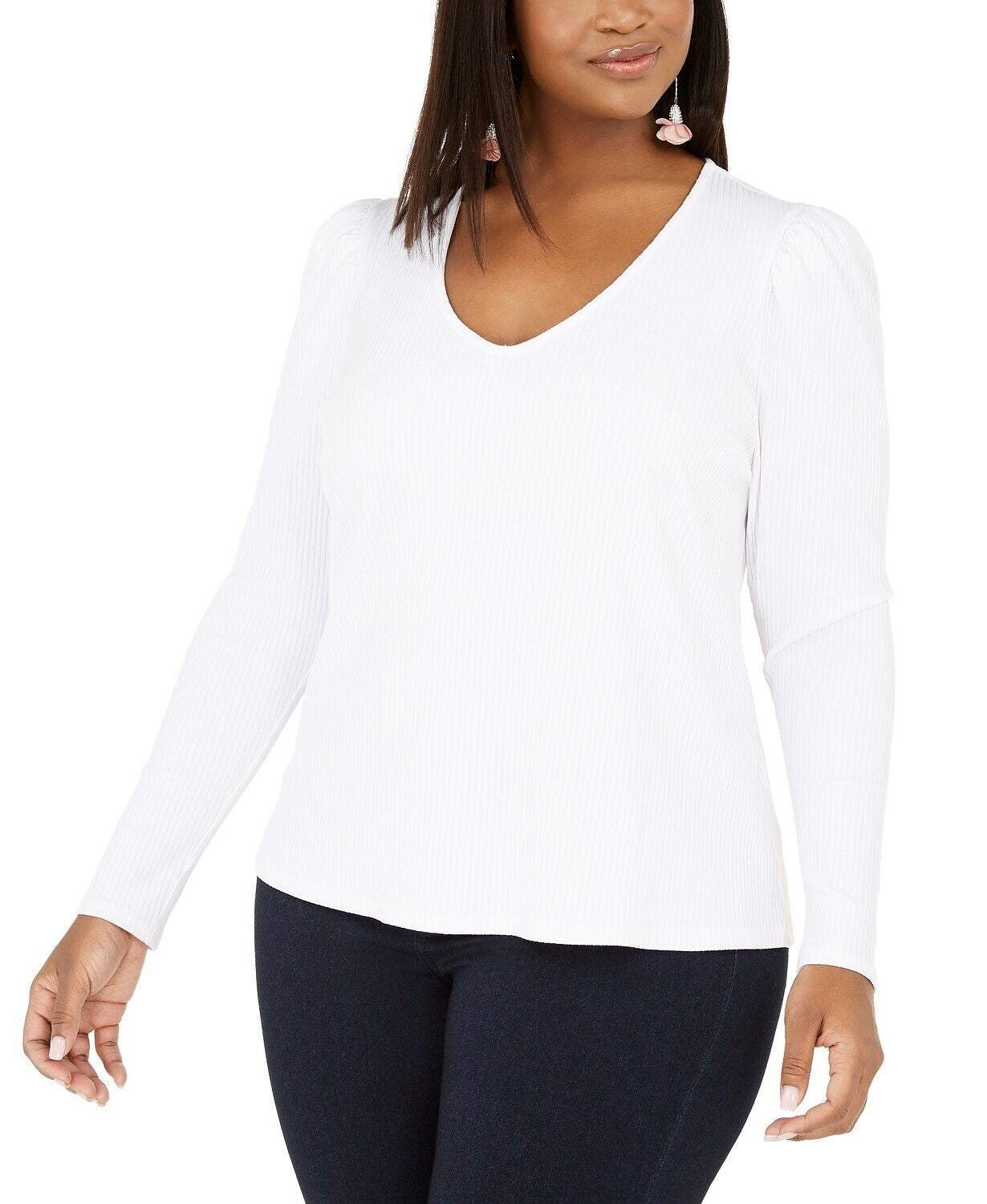 Blusa feminina plus size canelada com decote em V, tamanho 3X, branca, da INC International Concepts