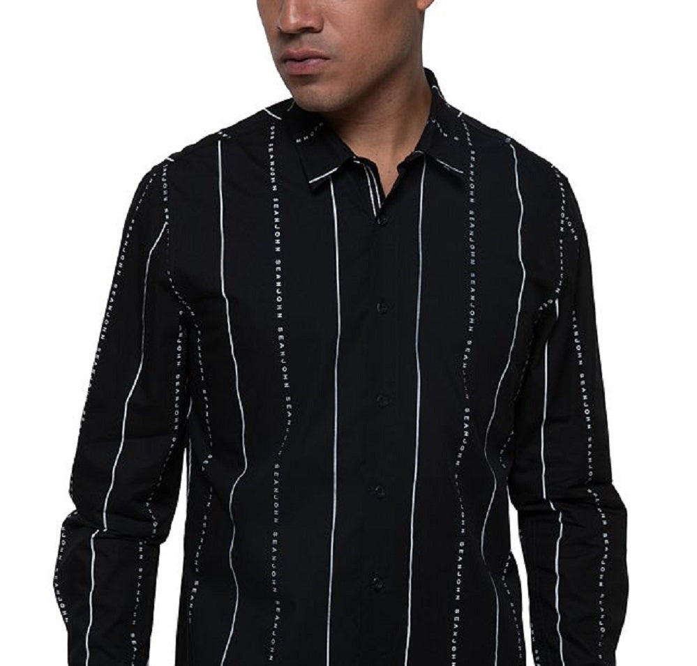 Camisa listrada masculina Sean John com logotipo, preta, tamanho grande