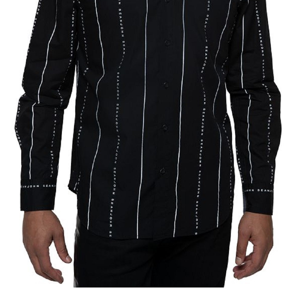 Camisa listrada masculina Sean John com logotipo, preta, tamanho grande
