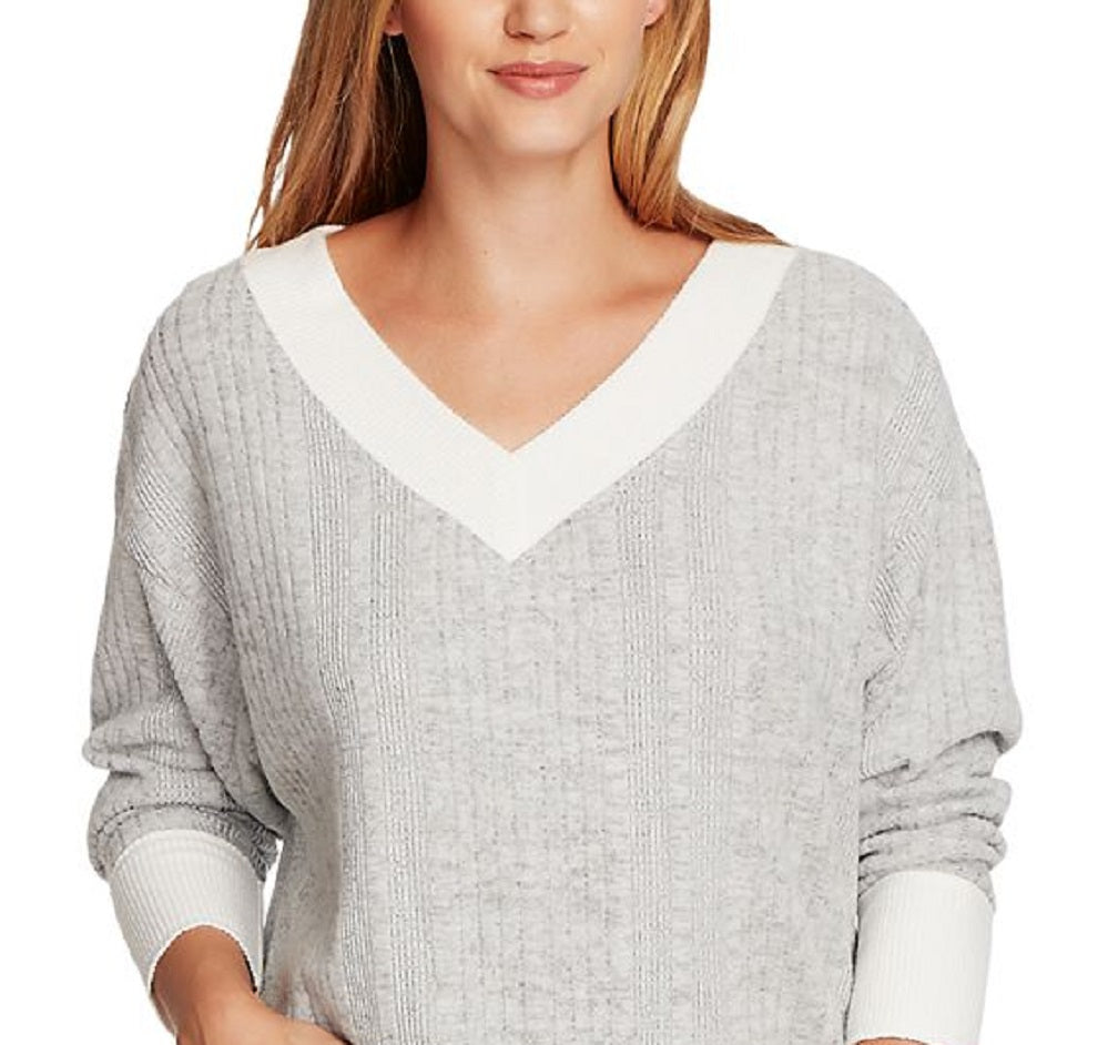 Suéter feminino Vince Camuto com decote em V canelado, branco, tamanho extragrande