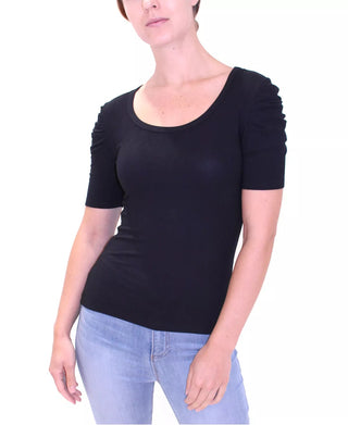 Blusa de malha canelada com manga bufante Crave Fame Junior, preta, tamanho XS