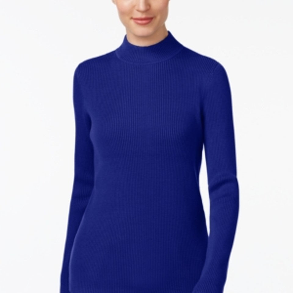 Blusa de gola alta canelada de algodão Karen Scott, azul, tamanho grande