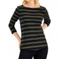 Charter Club Blusa feminina listrada de algodão com gola canoa, preta, tamanho pequeno GG
