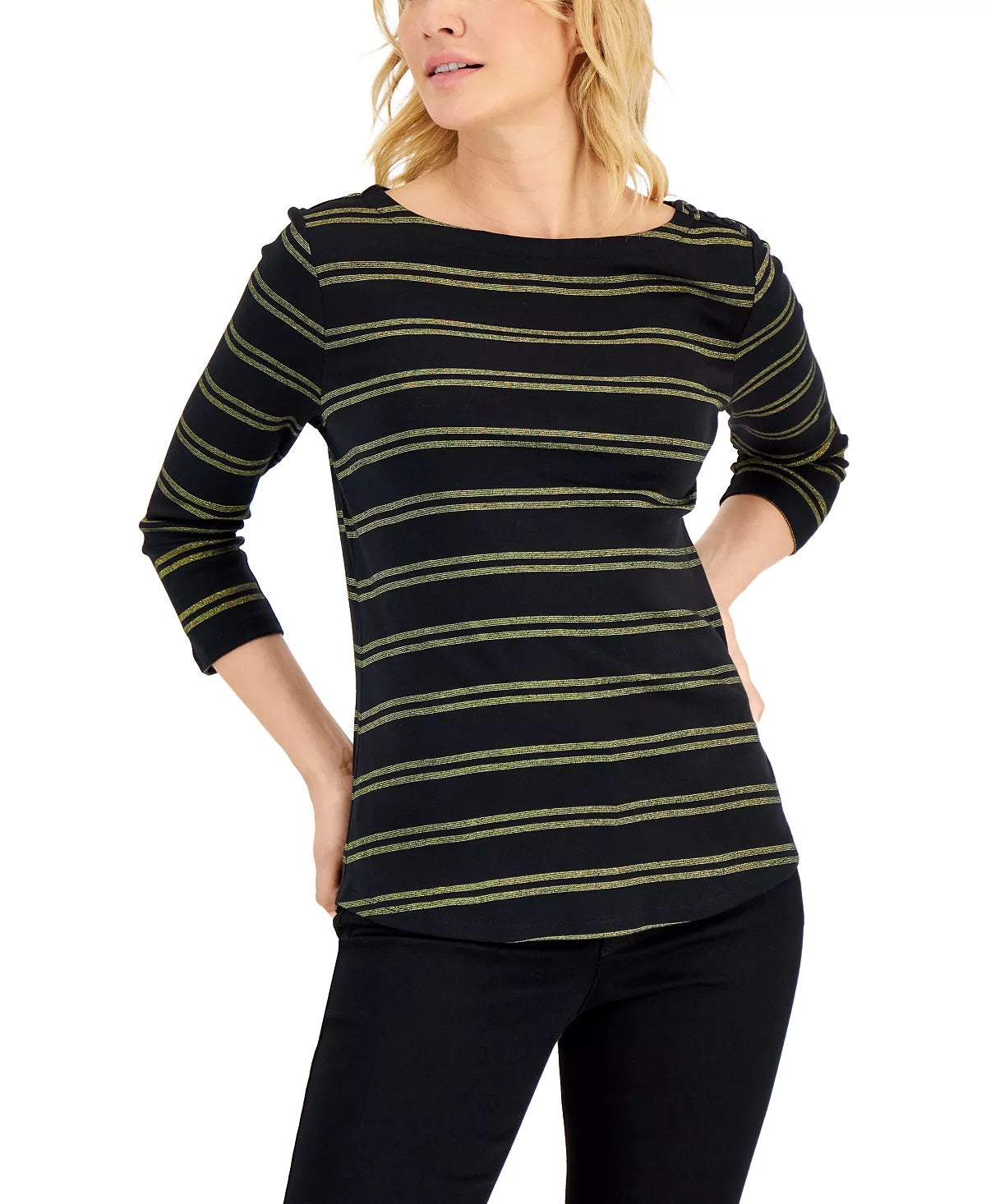 Charter Club Blusa feminina listrada de algodão com gola canoa, preta, tamanho pequeno GG