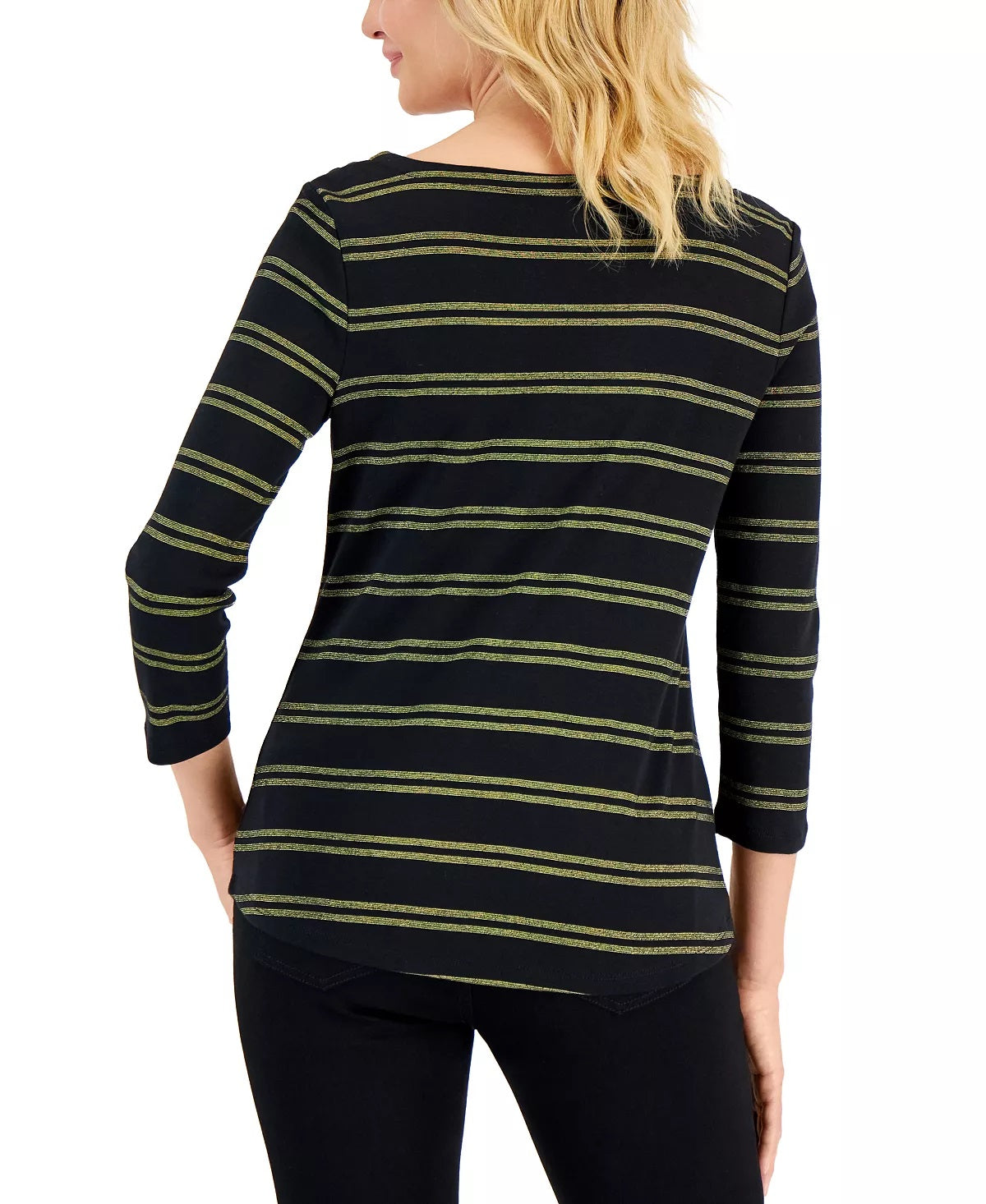 Charter Club Blusa feminina listrada de algodão com gola canoa, preta, tamanho pequeno GG