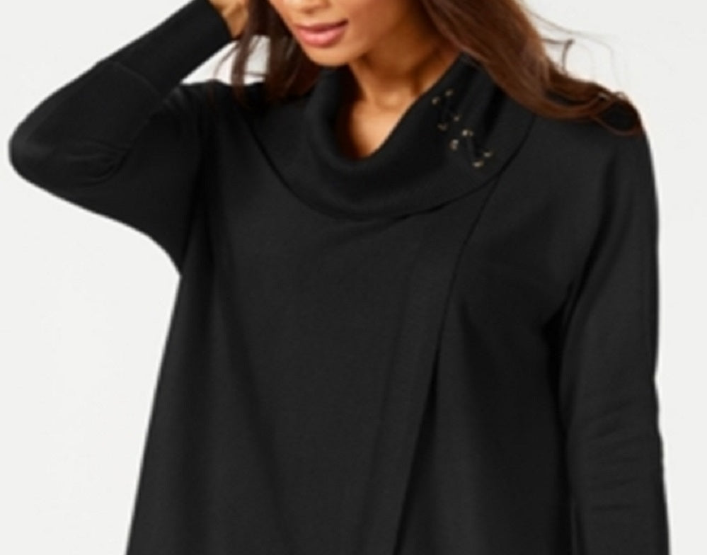 Suéter feminino JM Collection com gola alta e capuz, preto, tamanho médio