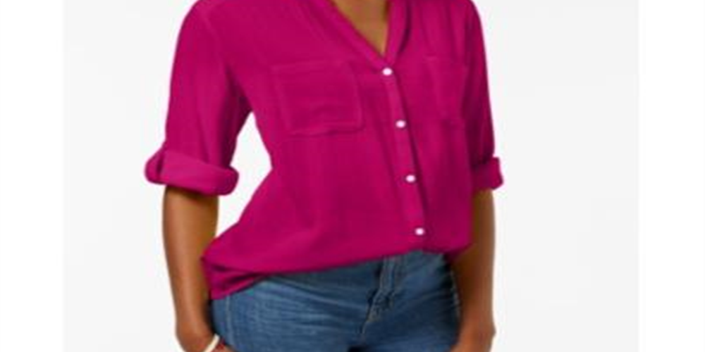 Camisa utilitária feminina Charter Club Petite com decote dividido, rosa, tamanho Petite XL