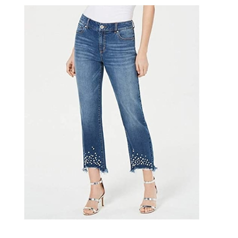 Calça jeans feminina INC International Concepts com bainha falsa perolada, tamanho médio, índigo, tamanho 8