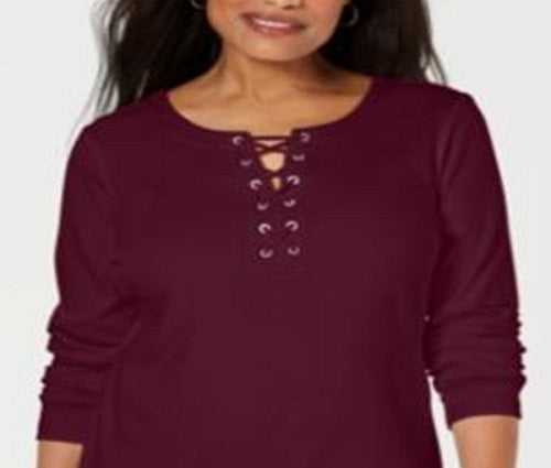Karen Scott Top de algodão com cadarço feminino, vermelho, tamanho médio