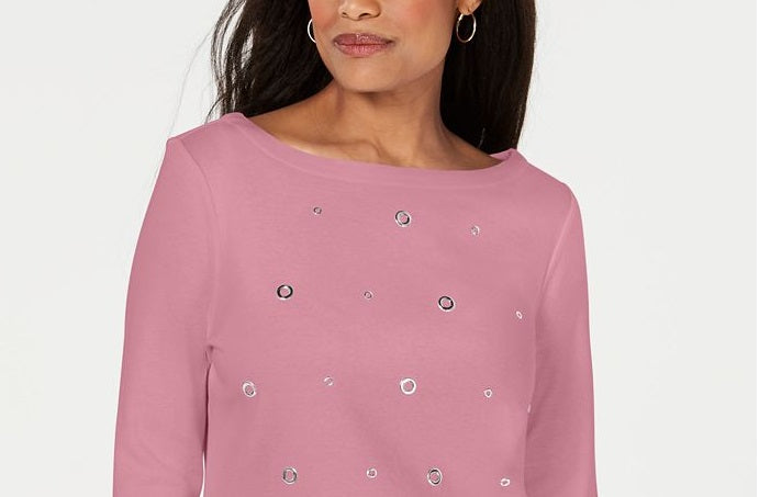 Karen Scott Top feminino de algodão com ilhós e manga 3/4, rosa, tamanho PXS