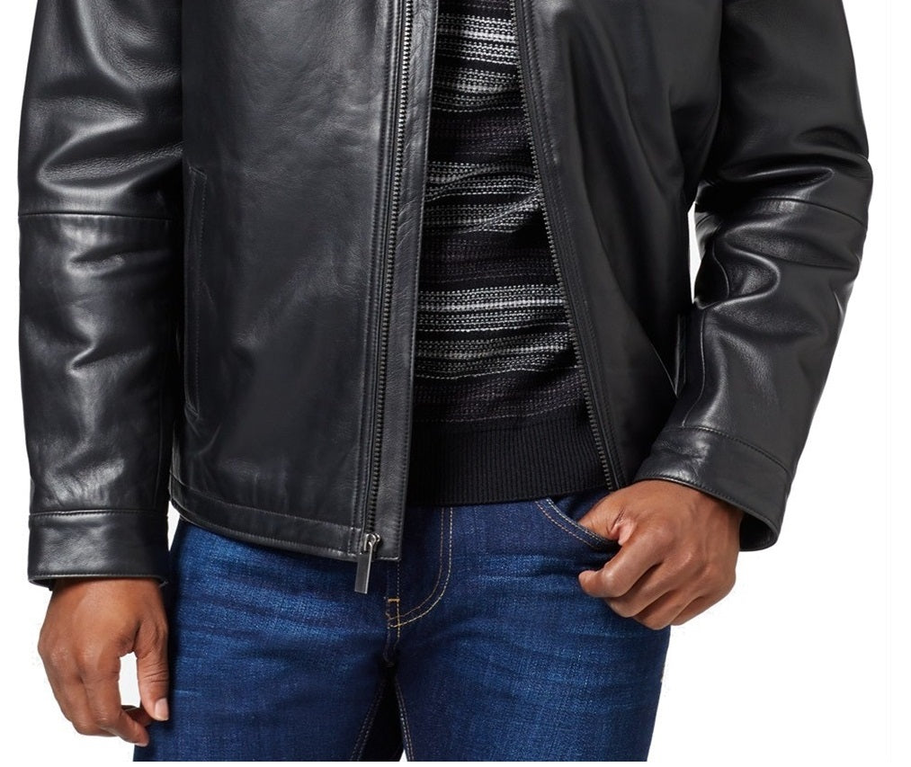 Jaqueta de couro de cordeiro masculina Perry Ellis, preta, tamanho pequeno
