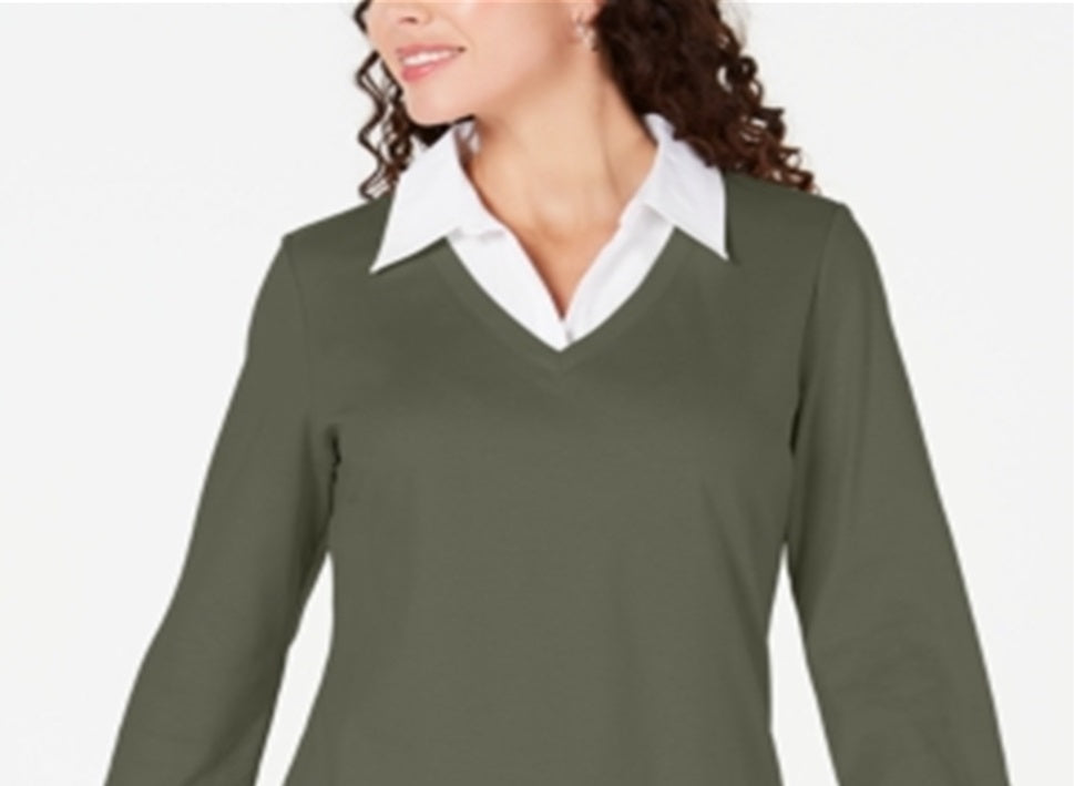 Blusa feminina Karen Scott de algodão com camadas, verde, tamanho M