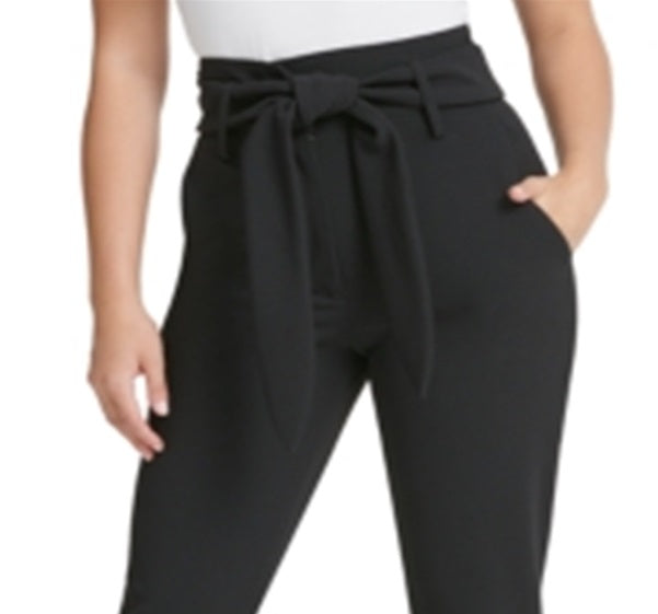 Calça feminina DKNY com cinto, zíper e bolsos, preta, tamanho 16