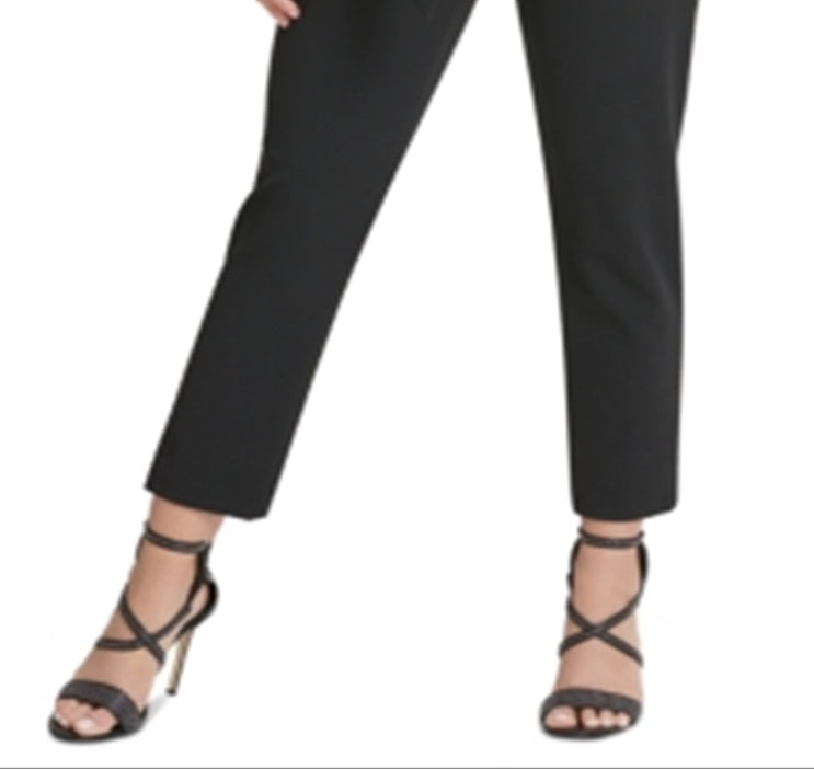 Calça feminina DKNY com cinto, zíper e bolsos, preta, tamanho 16