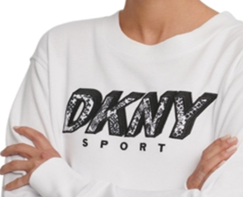 Moletom feminino DKNY Sport com estampa de logotipo e lã, tamanho médio, branco
