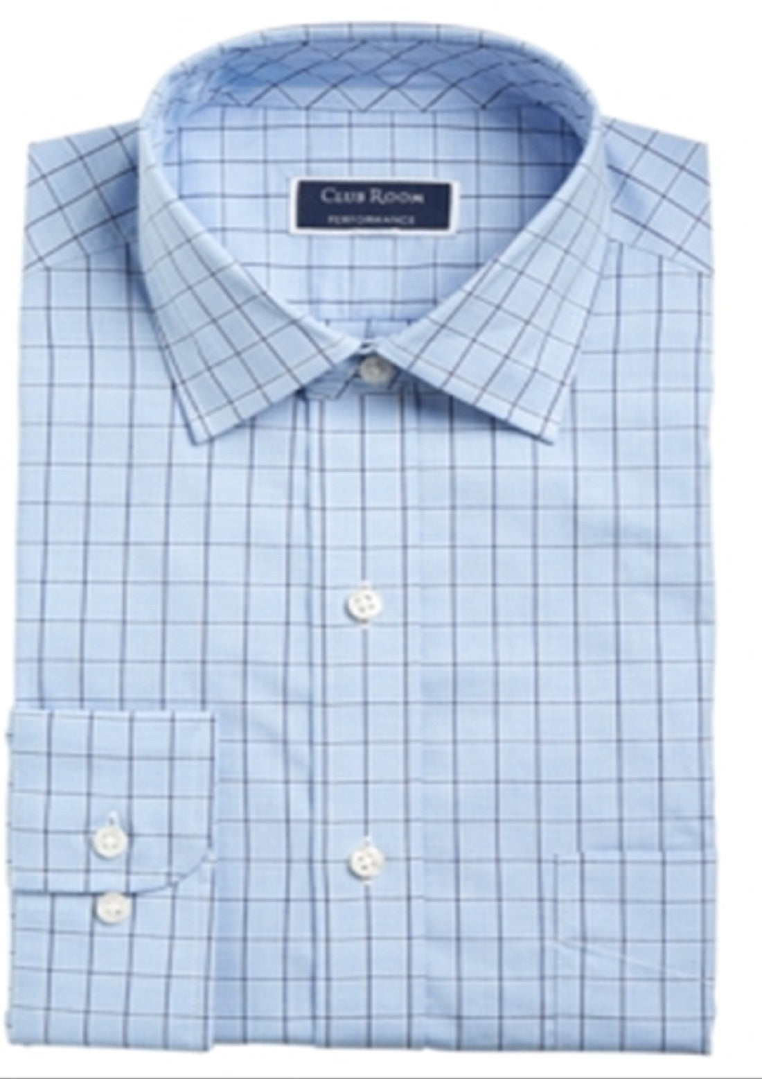 Camisa social masculina Club Room com estampa de janela xadrez e gola pontiaguda, ajuste clássico, elástica, azul, 34x35