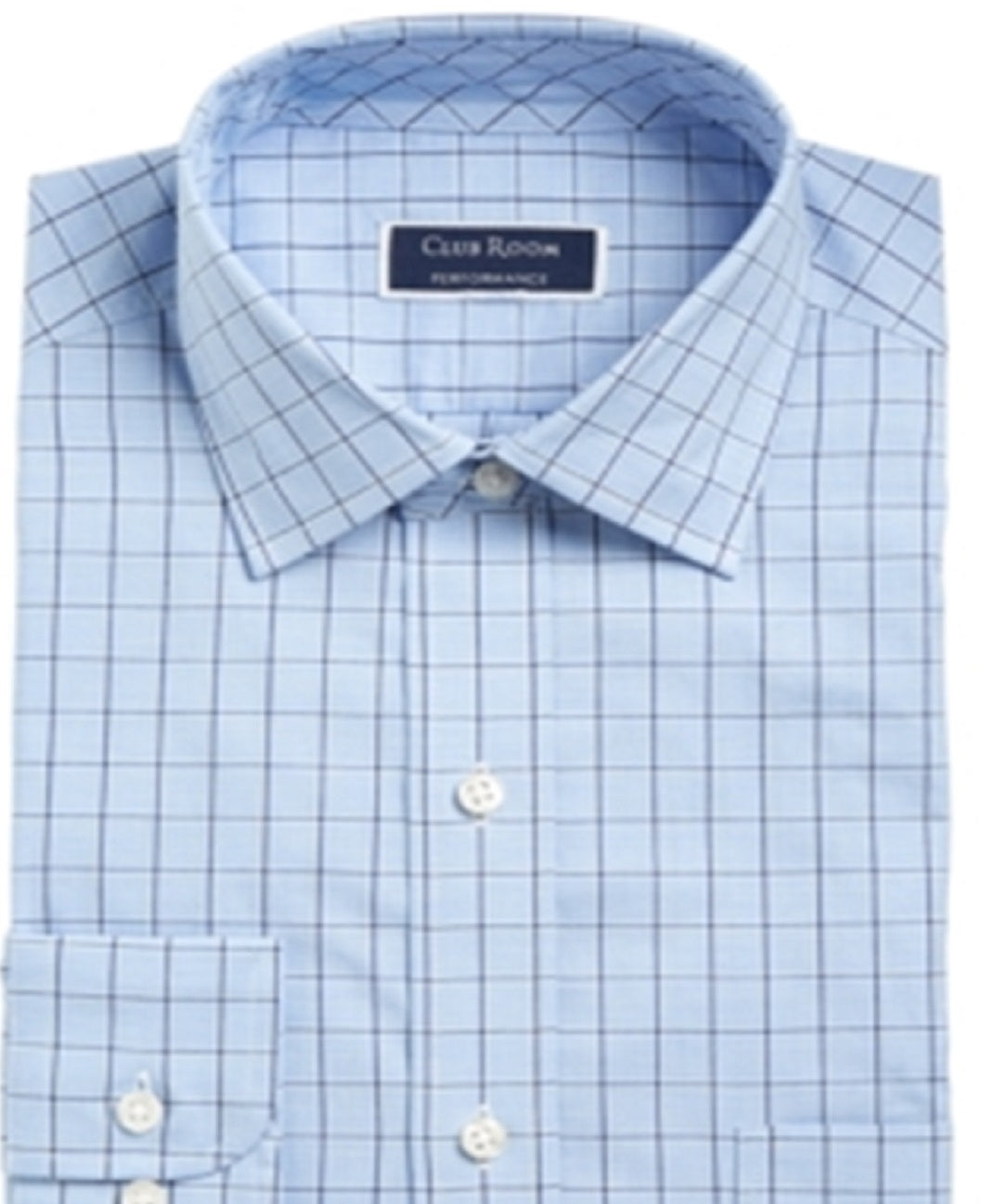 Camisa social masculina Club Room com estampa de janela xadrez e gola pontiaguda, ajuste clássico, elástica, azul, 34x35